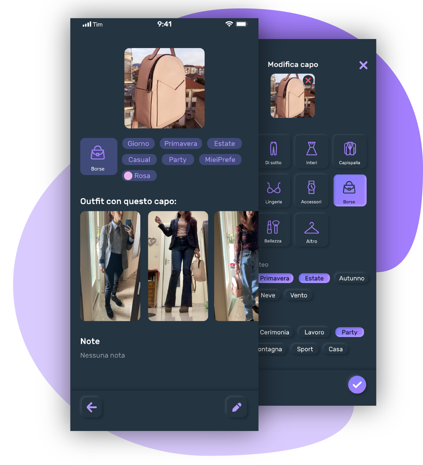 screenshot del dettaglio capo con la categoria, i tag e un carosello di outfit in cui è presente