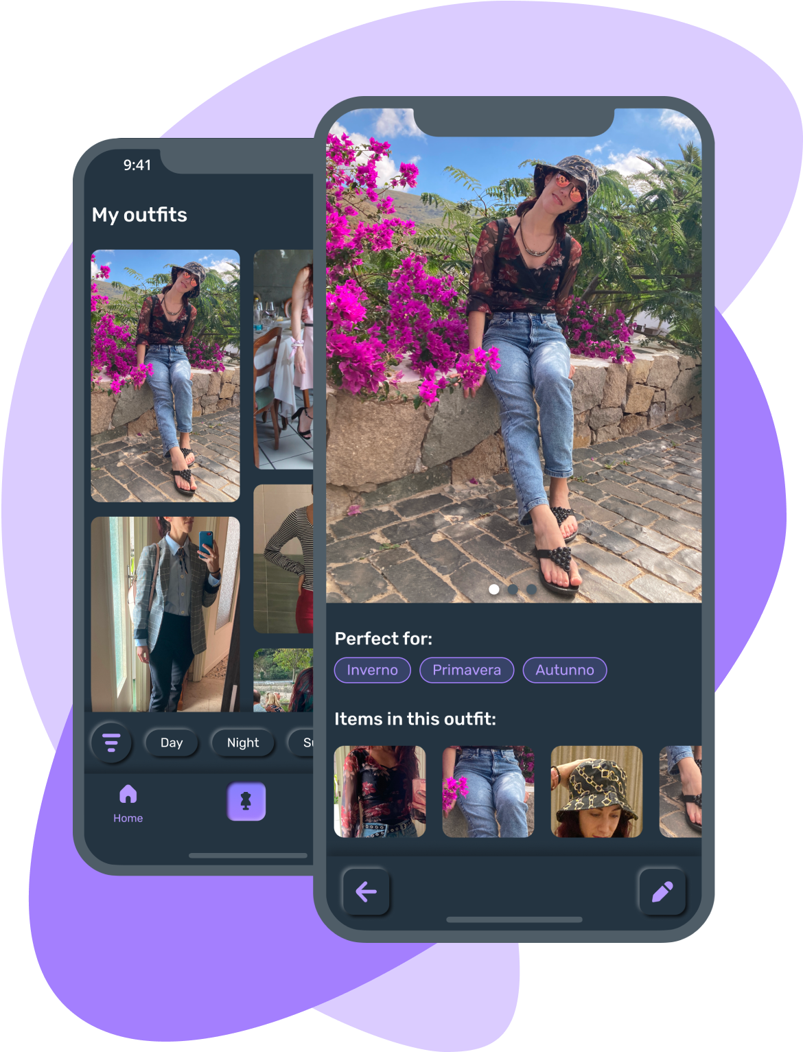 screenshot of the outfit detail with its tags and the items that compose it