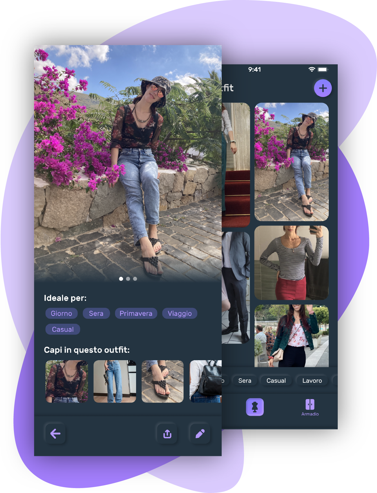 screenshot del dettaglio outfit con i suoi tag e i capi che lo compongono